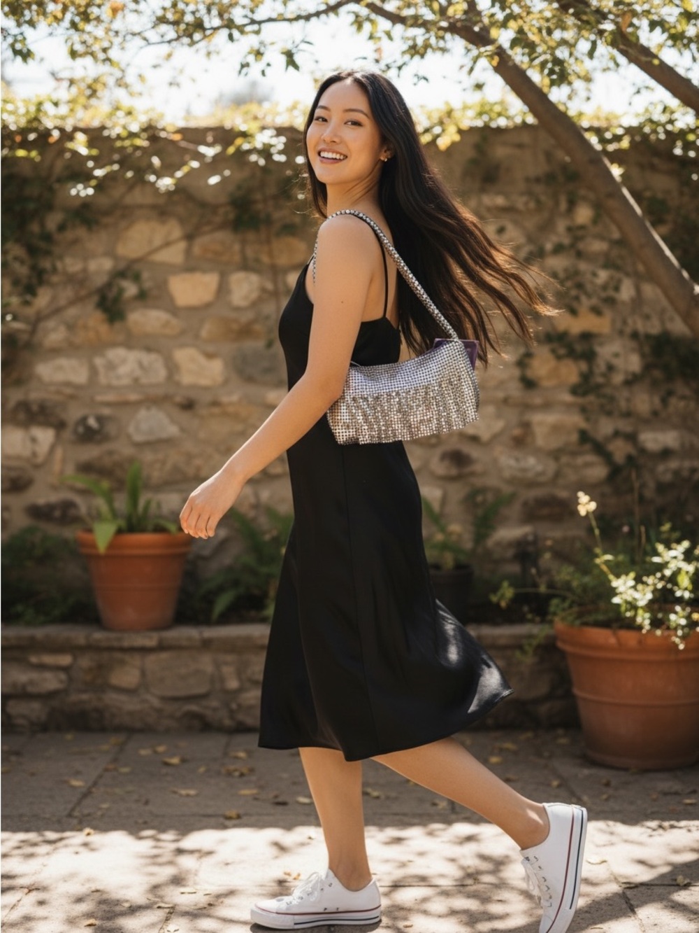 Mesh material shoulder bag with flap and hidden zip closure